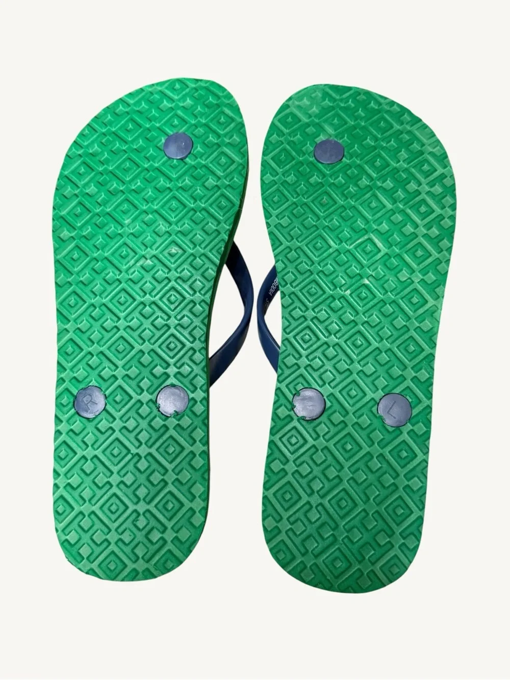 Tory Burch Green, Navy & White Check Logo Flip Flops Size 5 NWOT